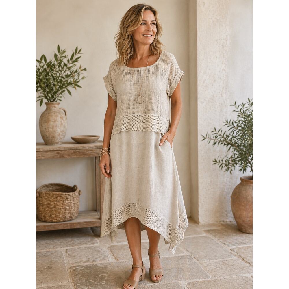 7 Agosto Italian Linen Cotton Dress L Beige Boho Midi Pockets